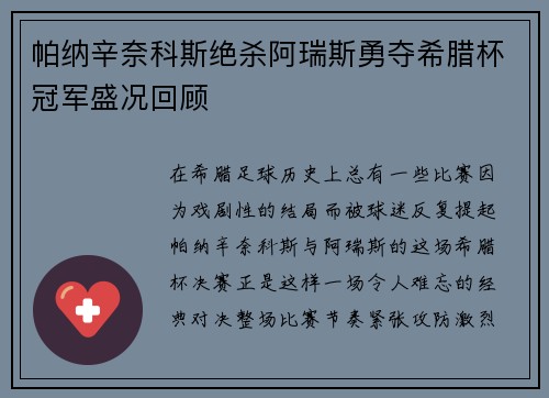 帕纳辛奈科斯绝杀阿瑞斯勇夺希腊杯冠军盛况回顾 帕纳辛奈科斯绝杀阿瑞斯勇夺希腊杯冠军盛况回顾