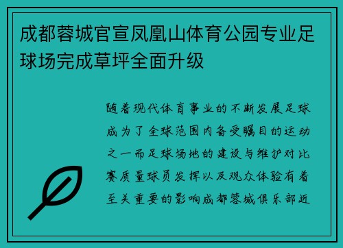 成都蓉城官宣凤凰山体育公园专业足球场完成草坪全面升级